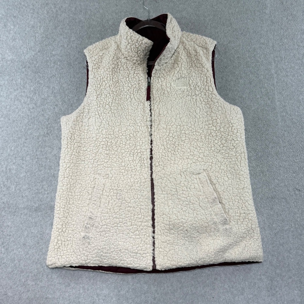 The North Face Reversible Mossbud Swirl Vest Womens XL Cream Burgundy Sherpa